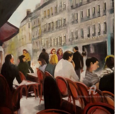 Painting titled "En terrasse" by Marie Andrée Hembert, Original Artwork, Oil