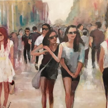 Painting titled "jour de shopping" by Marie Andrée Hembert, Original Artwork, Acrylic Mounted on Wood Stretcher frame