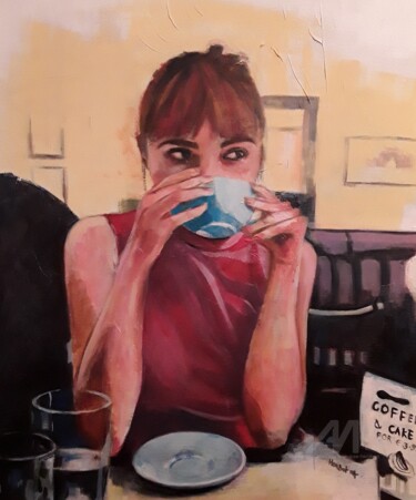 Breakfast - Mon Auto-portrait Peinture intitulée "Breakfast - Mon Aut…" par Marie Andrée Hembert, Œuvre d'art originale, Acrylique Monté sur Châssis en bo…
