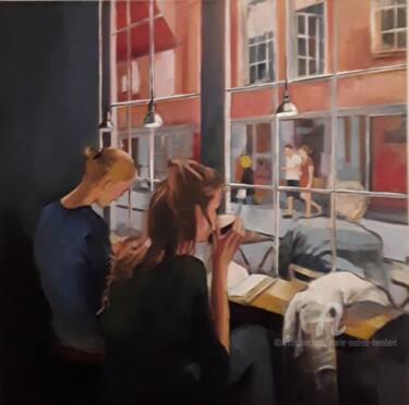 Painting titled "La lecture" by Marie Andrée Hembert, Original Artwork, Oil Mounted on Wood Stretcher frame