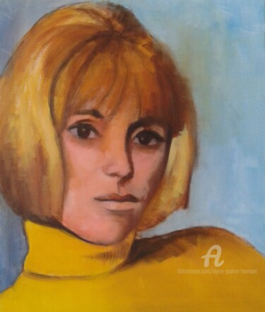 Painting titled "Mireille Darc" by Marie Andrée Hembert, Original Artwork, Oil Mounted on Wood Stretcher frame