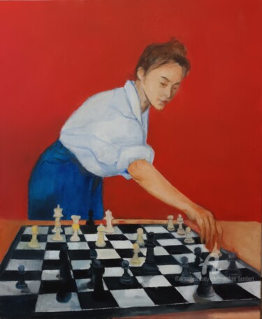 Pintura titulada "Partie d échecs" por Marie Andrée Hembert, Obra de arte original, Oleo