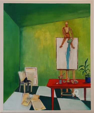 Malerei mit dem Titel "Atelier d'artiste m…" von Marie Andrée Hembert, Original-Kunstwerk, Öl Auf Keilrahmen aus Holz montie…