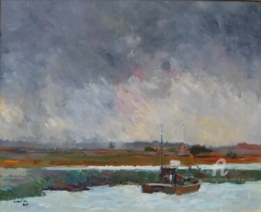 Painting titled "Retour au port" by Marie Andrée Hembert, Original Artwork, Oil Mounted on Wood Stretcher frame