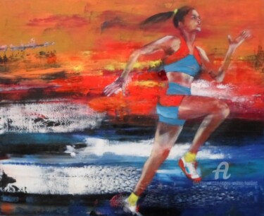 Painting titled "Sprint final" by Marie Andrée Hembert, Original Artwork, Oil Mounted on Wood Stretcher frame