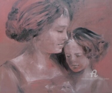 Painting titled "Tendresse du Passé" by Marie Andrée Hembert, Original Artwork, Oil Mounted on Wood Stretcher frame