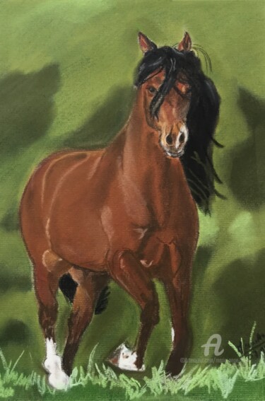 Dessin intitulée "Cheval brun" par Marie-Ange Fileni, Œuvre d'art originale, Pastel