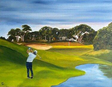 Painting titled "Golfeur sur green" by Marie-Ange Fileni, Original Artwork, Oil