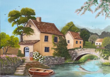 Painting titled "Village près de la…" by Marie-Ange Fileni, Original Artwork, Oil