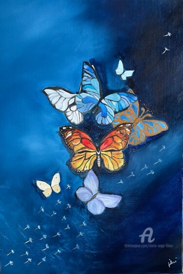 Painting titled "Papillons" by Marie-Ange Fileni, Original Artwork, Oil