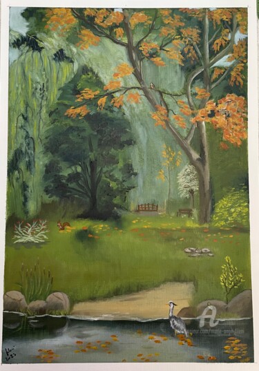 Painting titled "Jardin au bord de l…" by Marie-Ange Fileni, Original Artwork, Oil