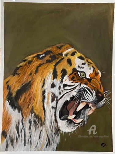 Painting titled "Tigre agressif" by Marie-Ange Fileni, Original Artwork, Oil