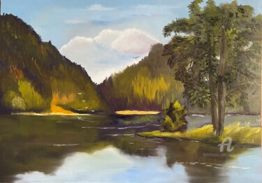 Painting titled "Lac paisible" by Marie-Ange Fileni, Original Artwork, Oil