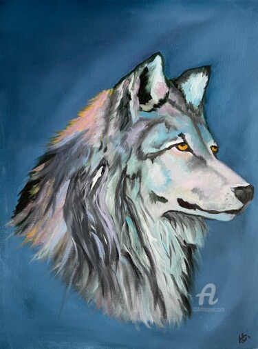 Painting titled "Loup gris" by Marie-Ange Fileni, Original Artwork, Oil