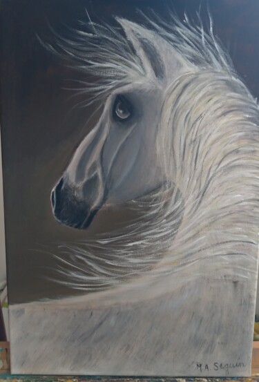 Painting titled "Cheval blanc" by Marie Annick Seguin, Original Artwork, Acrylic Mounted on Wood Stretcher frame