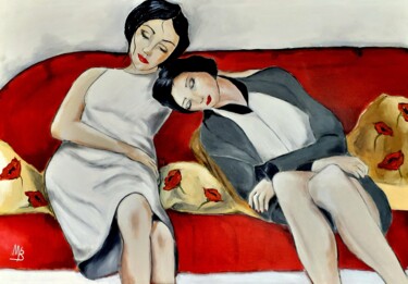 Painting titled "Le sofa rouge" by Marie Bony, Original Artwork, Acrylic Mounted on Wood Stretcher frame