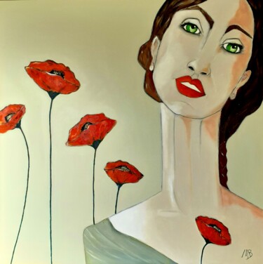 Painting titled "La dame aux coqueli…" by Marie Bony, Original Artwork, Acrylic Mounted on Wood Stretcher frame