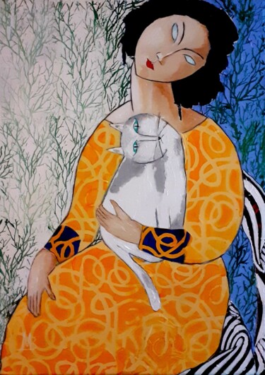 Картина под названием "Féline" - Marie Bony, Подлинное произведение искусства, Акрил Установлен на Деревянная рама для носил…