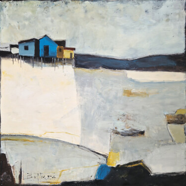 Painting titled "Cabannes sur pilotis" by Marie Buffiere, Original Artwork, Oil Mounted on Wood Stretcher frame