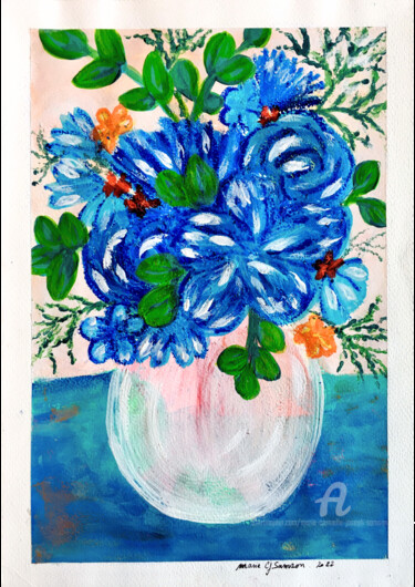 Картина под названием "Vase et fleures ble…" - Marie Carmelle Joseph Samson (Marie C.J Samson), Подлинное произведение искус…