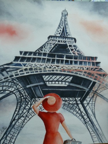 Painting titled "Touriste sous la To…" by Marie Celestin, Original Artwork, Watercolor