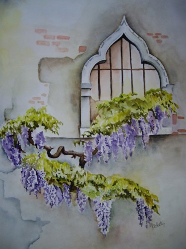 Painting titled "Glycines à Venise" by Marie Celestin, Original Artwork, Watercolor