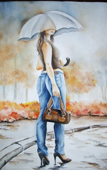 Painting titled "Aline sous la pluie" by Marie Celestin, Original Artwork, Watercolor