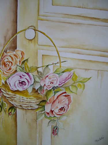 Peinture intitulée "panier de roses" par Marie Celestin, Œuvre d'art originale, Aquarelle