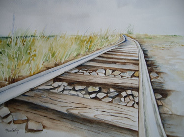 Peinture intitulée "rail en campagne" par Marie Celestin, Œuvre d'art originale, Aquarelle