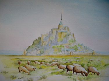 Painting titled "Les moutons au Mont…" by Marie Celestin, Original Artwork, Watercolor
