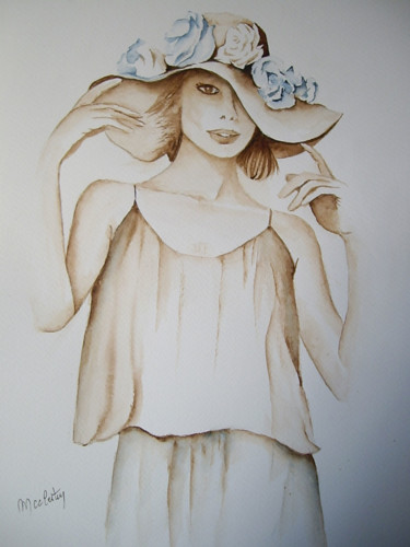 Malarstwo zatytułowany „Chapeau Fleuri” autorstwa Marie Celestin, Oryginalna praca, Akwarela