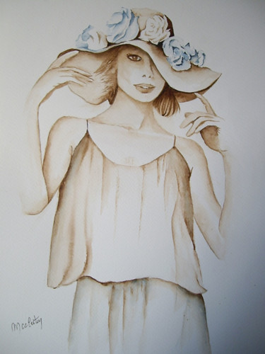 Pintura intitulada "Chapeau Fleuri" por Marie Celestin, Obras de arte originais, Aquarela