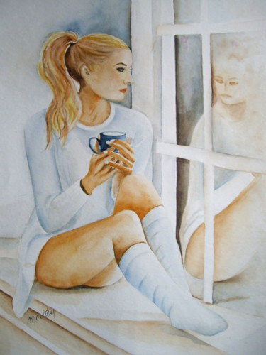 Painting titled "Adelina boit son thé" by Marie Celestin, Original Artwork, Watercolor