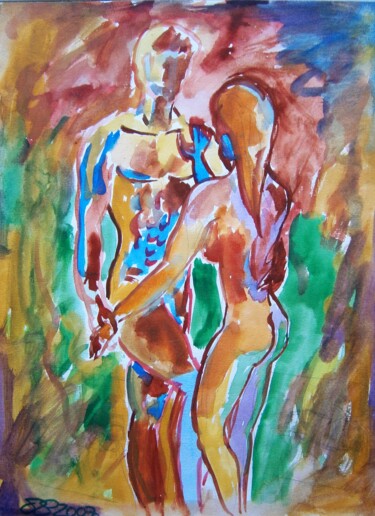 Painting titled "couple nu" by Marie-Céline Chottin, Original Artwork, Watercolor