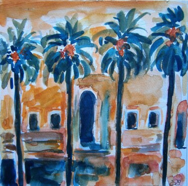 Painting titled "4 palmiers" by Marie-Céline Chottin, Original Artwork, Watercolor