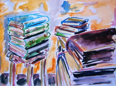 Painting titled "Livres empilés" by Marie-Céline Chottin, Original Artwork, Watercolor