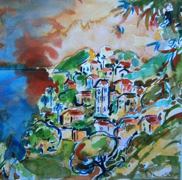 Painting titled "Village corse" by Marie-Céline Chottin, Original Artwork, Watercolor