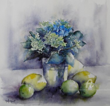 Painting titled "Hortensia et citron…" by Marie-Charlotte Houpeurt-Chauffeté, Original Artwork, Watercolor