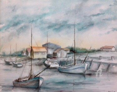 Pintura intitulada "Petit port de pêche…" por Marie-Charlotte Houpeurt-Chauffeté, Obras de arte originais, Aquarela