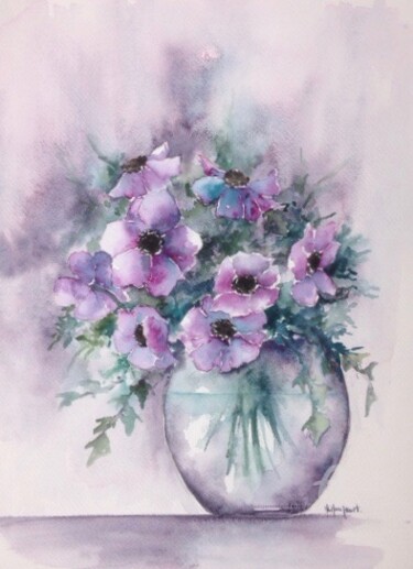 Painting titled "Anémones roses" by Marie-Charlotte Houpeurt-Chauffeté, Original Artwork, Watercolor