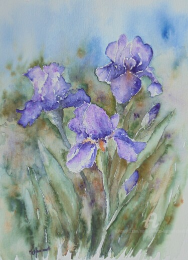 Painting titled "Iris bleus et mauve" by Marie-Charlotte Houpeurt-Chauffeté, Original Artwork, Watercolor