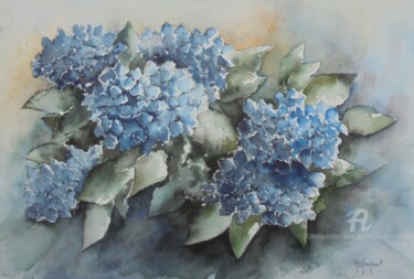 Painting titled "Hortensias bleus" by Marie-Charlotte Houpeurt-Chauffeté, Original Artwork, Watercolor