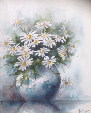 Peinture intitulée "Marguerites et vase…" par Marie-Charlotte Houpeurt-Chauffeté, Œuvre d'art originale, Aquarelle