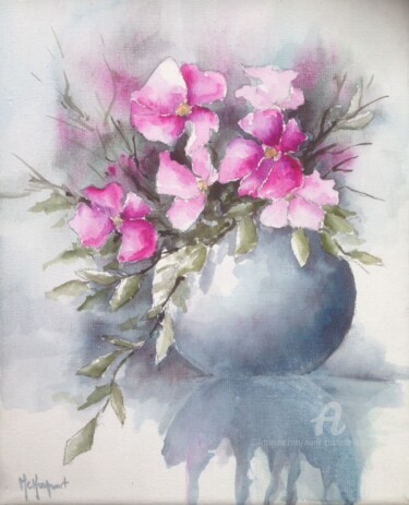 Peinture intitulée "Clématites roses et…" par Marie-Charlotte Houpeurt-Chauffeté, Œuvre d'art originale, Aquarelle