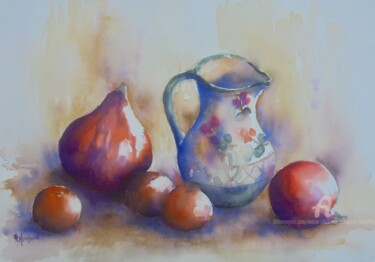 Painting titled "Pichet et fruits d'…" by Marie-Charlotte Houpeurt-Chauffeté, Original Artwork, Watercolor