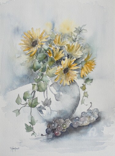 Painting titled "Fleurs d'automne et…" by Marie-Charlotte Houpeurt-Chauffeté, Original Artwork, Watercolor
