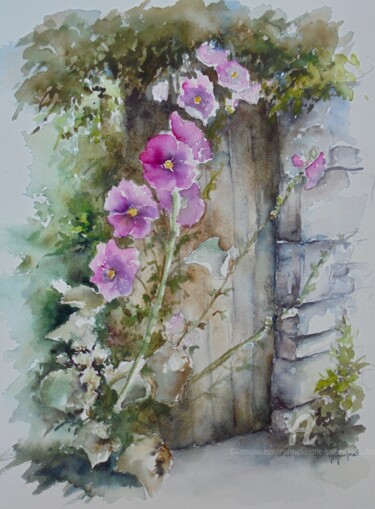 Картина под названием "Roses trémières" - Marie-Charlotte Houpeurt-Chauffeté, Подлинное произведение искусства, Акварель