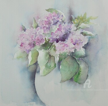 Schilderij getiteld "Hortensia rose" door Marie-Charlotte Houpeurt-Chauffeté, Origineel Kunstwerk, Aquarel