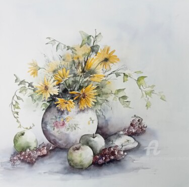 Painting titled "Fleurs et fruits d'…" by Marie-Charlotte Houpeurt-Chauffeté, Original Artwork, Watercolor