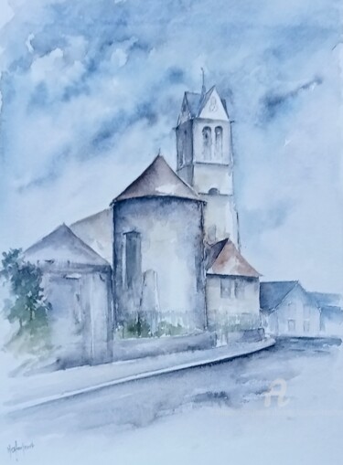 Malerei mit dem Titel "L'église de Maincy" von Marie-Charlotte Houpeurt-Chauffeté, Original-Kunstwerk, Aquarell